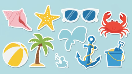 Naklejka premium Summer Beach Vacation Icons Collection with Seashell Starfish Sunglasses Crab Palm Tree.