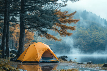 Tent pitched up in woods.