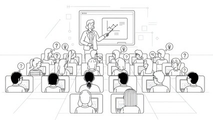 Diverse Audience Attends Business Presentation with Interactive Whiteboard and Computers