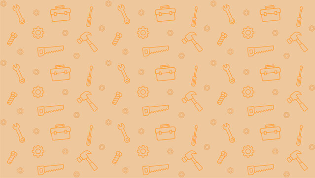 Seamless tools pattern with orange line icons of hammers, wrenches, screwdrivers, saws, toolboxes on a light beige background, representing repair, maintenance, construction, and workshop concepts
