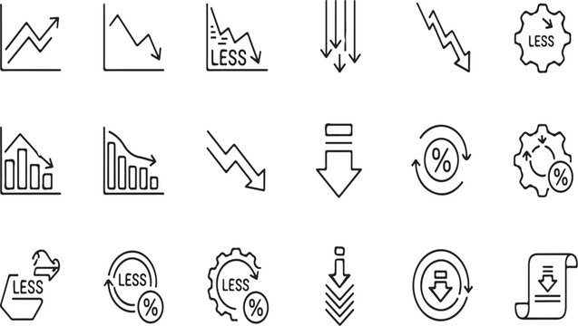Decrease, reduction, and decline icons for business, finance, and statistics on white background