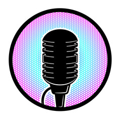 Black silhouette of a studio microphone with pop filter without background.