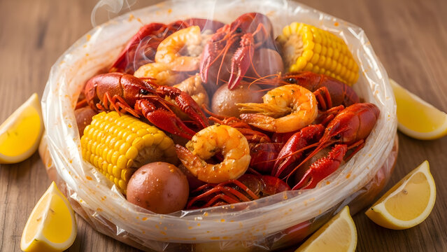 A seafood boil with crawfish shrimp corn and potatoes in a clear plastic bag on a wooden table
