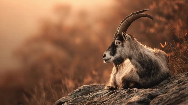 Mountain goat resting on rocky ledge during warm golden hour sunset