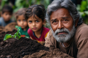A bearded man holding a plant.