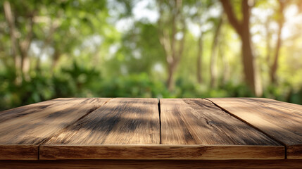 Empty Wooden Table Top with Blurred Green Forest Background for Product Display