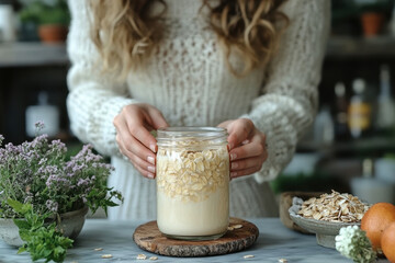 Woman holding jar of oats and bowl of oats.