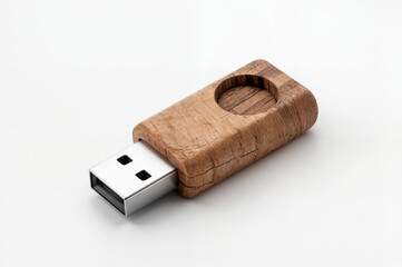 Wooden USB drive resting on a plain surface with a simple design for data storage and transfer needs