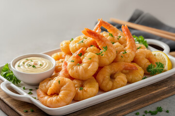 Shrimp served on a platter with sauce and lemon slices in a kitchen setting during daytime
