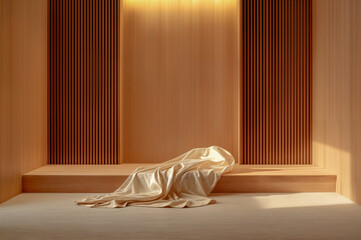 Soft fabric drapes on a wooden platform in a bright room during daylight hours