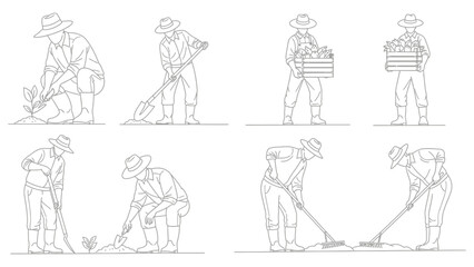 Set of Various Gardener and Farmer Line Art Illustrations: Men and Women Working in the Garden, Raking, Digging, Carrying Crates, Planting, and Landscaping Design Elements
