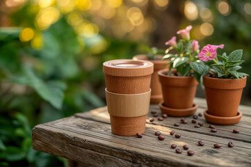 Warm coffee cup beside flower pots on wooden table in sunny garden setting