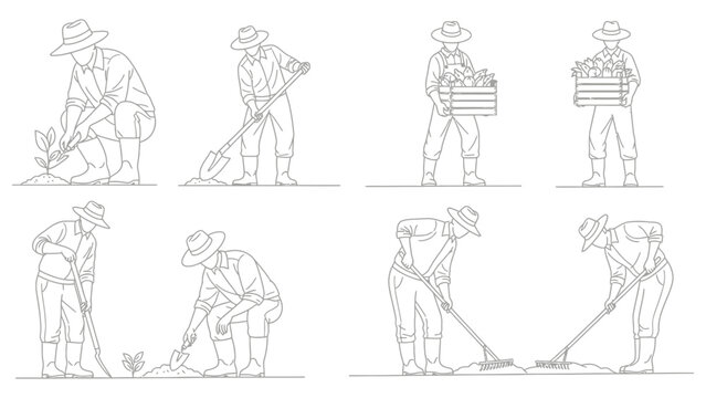 Set of Various Gardener and Farmer Line Art Illustrations: Men and Women Working in the Garden, Raking, Digging, Carrying Crates, Planting, and Landscaping Design Elements
