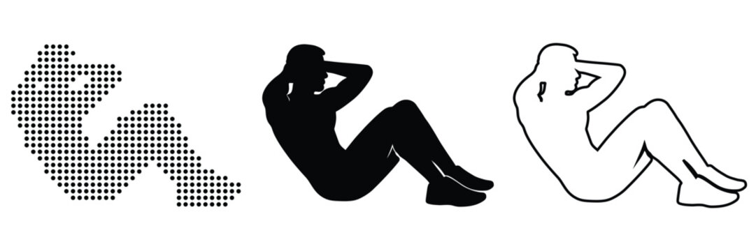 Person performing a sit-up exercise, shown in three artistic styles: pixelated, silhouette, and outline.