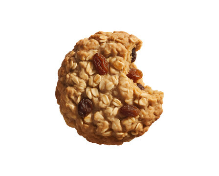 Bite taken out of oatmeal raisin cookie isolated on transparent background