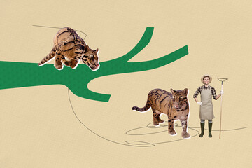 Trend artwork banner sketch 3D photo collage of zoo park young man veterinarian stand copyspace two...