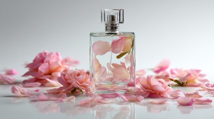 Elegant perfume bottle with pink rose petals