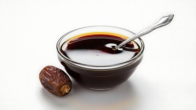 Glass Bowl of Dark Date Syrup with Single Date and Spoon on White Background date molasses sweetener
