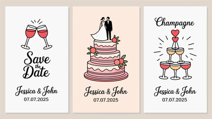 Wedding Save the Date Cards with Cake, Champagne, and Wine Glasses