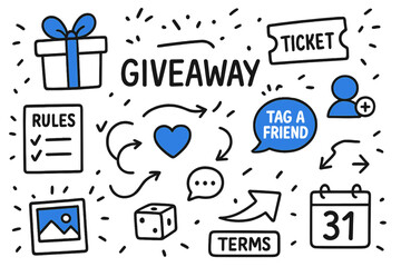 Giveaway Campaign Icons. // Giveaway campaign. Hand-drawn doodle illustration giveaway campaign [gift box with bow (accented), entry ticket (accented), rules