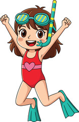 Cute happy girl wearing snorkeling gear jumping with joy, summer swimming and underwater adventure cartoon vector illustration
