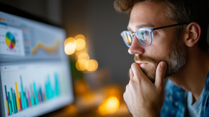 Faceless person looking at computer screen, analyst visualizes trends in data, person gazing at lifestyle computer display, defocused digital examination, screen observation moment