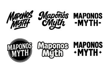 Diverse Lettering Styles. Maponos Myth. Set lettering. harmonious lettering variations of the same emblematic concept, each with different artistic