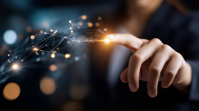 Faceless finger tapping screen for keyword analysis, navigating digital marketing strategies and business growth using online search data, defocused interface, with copy space - Powered by Adobe