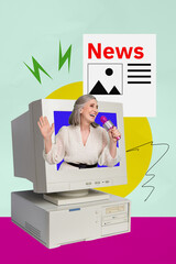 Template collage design trend artwork 3D sketch of aged woman smile talk mic news website computer...
