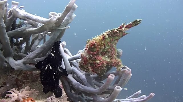 Two Giant Frogfish rest near purple and beige coral off the coast of Sipadan Island in Indonesia. The black frogfish poses next to its colorful peer under clear blue water.