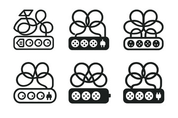 Power Strip Logos. Power strip clutter. Set Logo of Power strip clutter: overloaded strip with loops. harmonious logo variations of the same emblematic