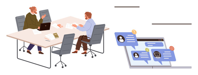 Fototapeta premium Two colleagues engaged in discussion at an office table with a laptop and documents. Digital chat interface displaying messages nearby. Ideal for teamwork, collaboration, technology, remote work