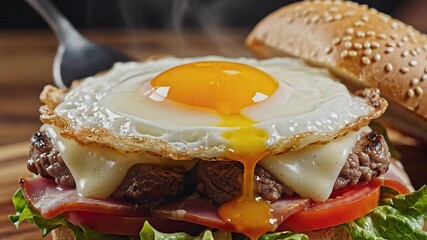 A mouthwatering closeup shot of a gourmet cheeseburger topped with a perfectly fried egg featuring a deliciously runny yolk dripping down over melted cheese crispy bacon fresh tomato and crisp lettuc.