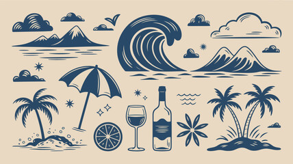 Tropical Beach Scene with Wave, Cocktail, and Palm Trees Illustration © Raian