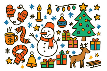Festive Holiday Doodles. festive celebration. Colorful Hand-drawn doodle Children illustration festive celebration snowman, Christmas tree, gifts, candle,