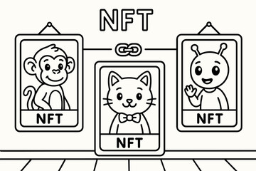 Friendly Trading Cards. NFT collectibles children?s coloring book illustration, outlined drawing, three cute trading cards on a gallery wall with different
