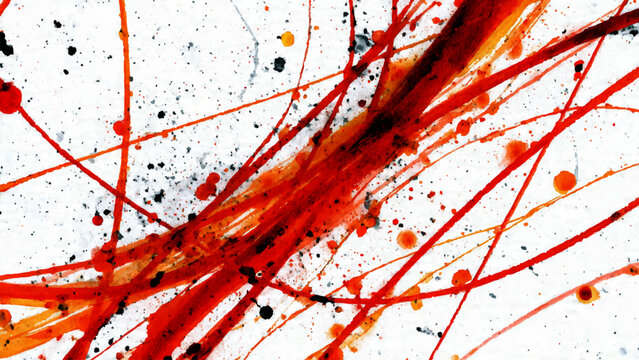 Abstract Red & Yellow Paint Splatter Background. Vibrant Expressionist Acrylic Drips, Fiery Orange Ink Droplets & Watercolor Texture. Jackson Pollock Style Canvas for Modern Digital Design.