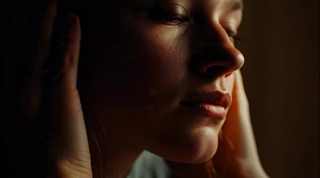Woman with hands on head in shadow depicts stress or contemplation
