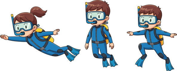 Cute kids snorkeling underwater in different poses wearing diving gear, fun summer swimming adventure cartoon vector illustration