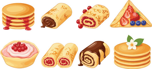 Dessert pastries collection with pancakes crepes rolls and fruit cakes isolated on white, sweet bakery vector illustration