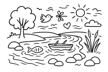 Fototapeta premium River Doodle Serenity. River calmness. Hand-drawn doodle illustration river calmness flowing water, rocks, tree, leaf, fish, boat, reeds, dragonfly, bird,