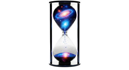Fototapeta premium Hourglass with galaxy inside, symbolizing time, space, and cosmic flow isolated on transparent background