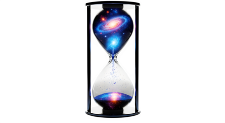 Hourglass with galaxy inside, symbolizing time, space, and cosmic flow isolated on transparent background