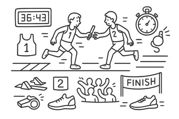Relay Race Doodles. Relay race. Hand-drawn doodle illustration relay race baton, runners, lane lines, starting blocks, finish tape, stopwatch, whistle,
