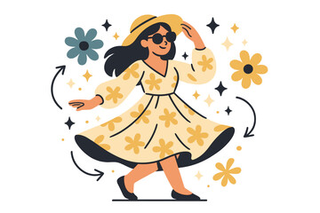 Boho-Chic Twirl. A young woman wearing a boho-chic dress and oversized sunglasses. Woman twirling in bohemian dress with sun hat and sunglasses; abstract