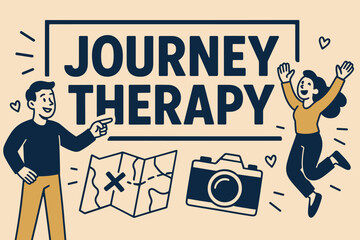 Dynamic Journey Therapy Banner. Journey therapy banner, flat vector illustration, bold oversized text inside rectangular frame, cartoon characters pointing and