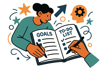 Goal Setting Essentials. A person setting goals and writing a to-do list in a planner for self-improvement. Close-up of hands writing in planner with abstract