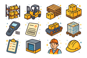 Warehouse Icons Set. Warehouse logistics. Colorful isometric vector icons set of Warehouse logistics: pallet rack, forklift, wooden pallets, stacked boxes,