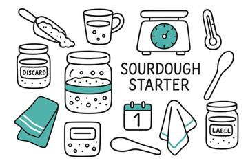 Sourdough Starter Doodle Icons. // Sourdough starter. Hand-drawn doodle illustration Sourdough starter [glass jar (accented), rubber band, starter bubbles
