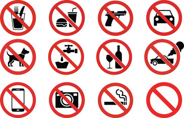 A set of common red prohibition signs illustrating various forbidden actions and objects